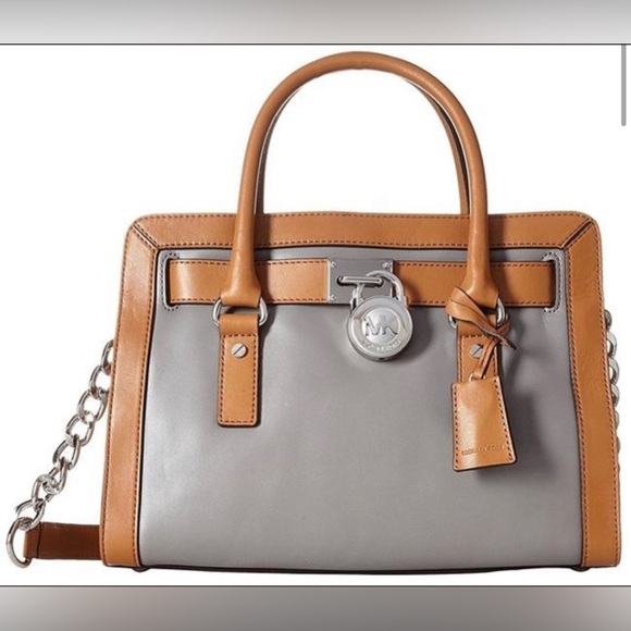 Michael Kors Handbags - Michael Kors Hamilton Frame Out Steel Grey Acorn Leather Satchel Bag